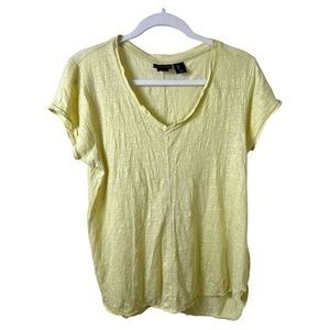 Tahari Shirt Womens Large Linen Yellow Asymmetrical Hem Summer Cap Sleeve